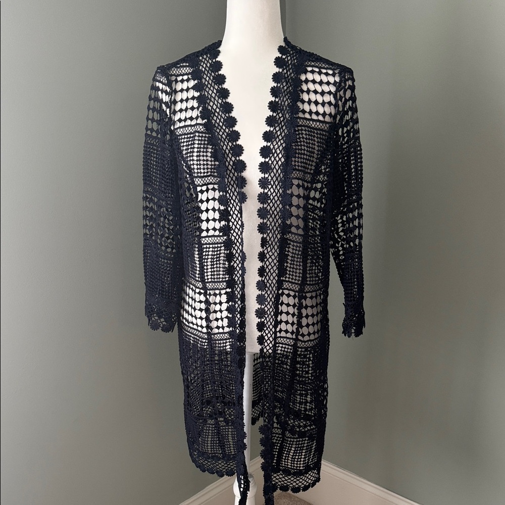 NWT | JOLIBEL Elegant Navy Crochet Long Open Cardigan - Size L